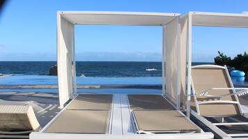 Seasonal outdoor pool, open 9:00 AM to 8:00 PM, pool umbrellas