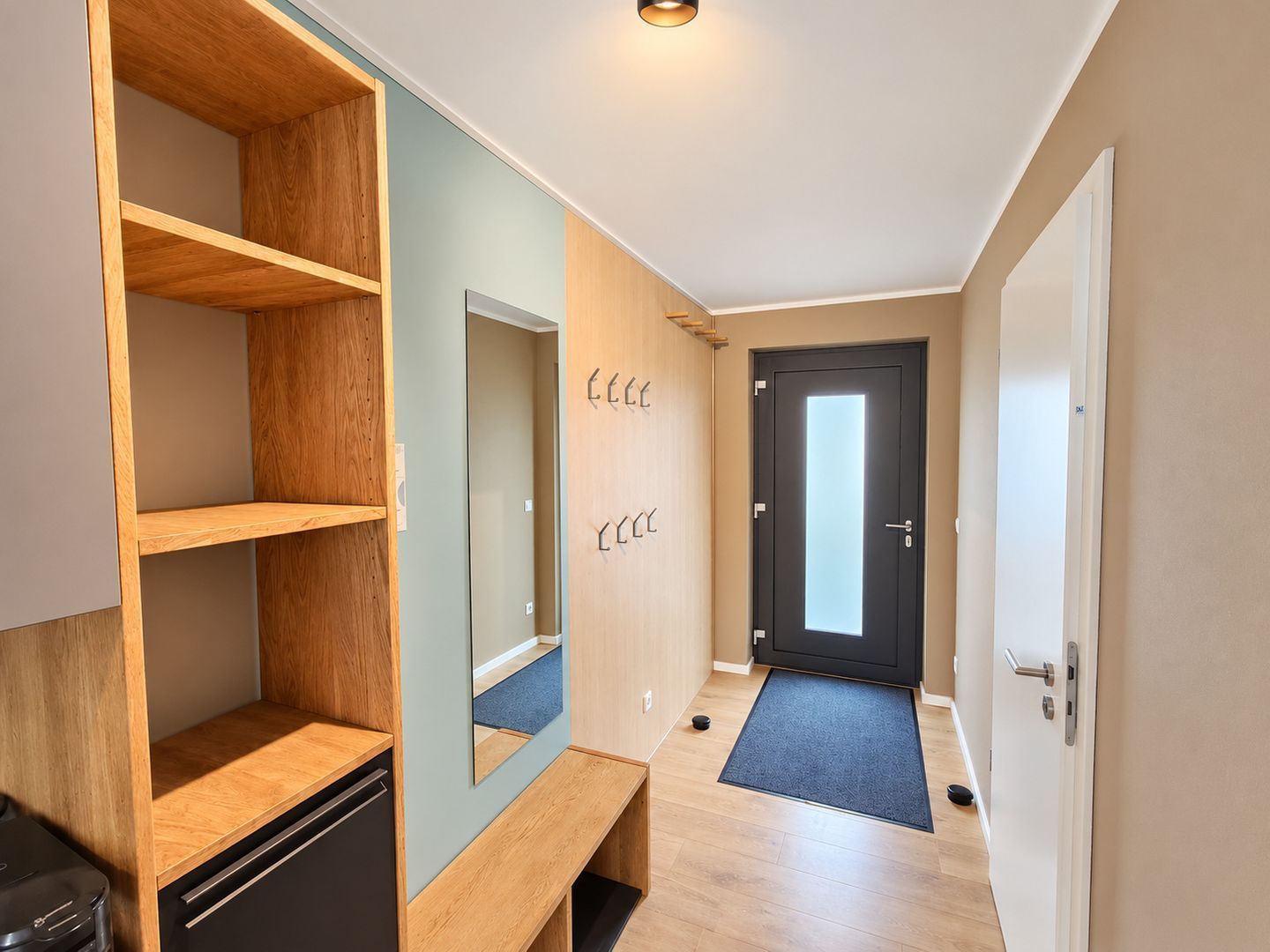A hallway with wooden shelving units, a door with a frosted glass panel, and a blue mat at the entrance.