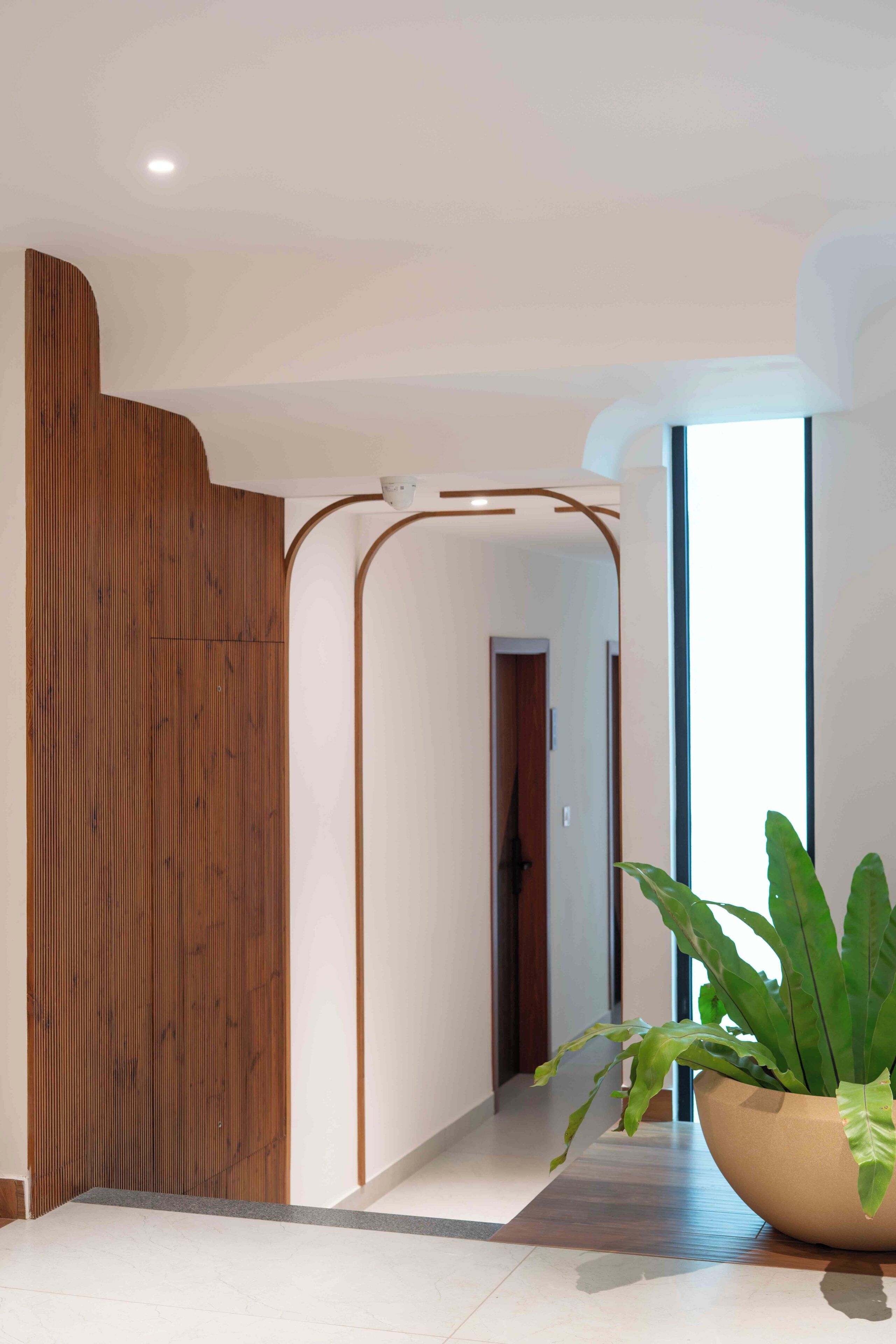Een moderne hal met een wand van houten panelen, een grote kamerplant en een deur aan het einde.