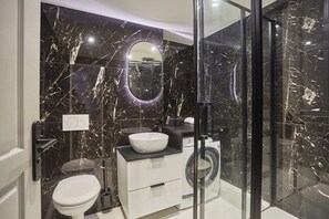 Shower, hair dryer, towels