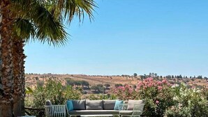 Un patio con mobiliario exterior, una palmera y vistas a un paisaje montañoso.