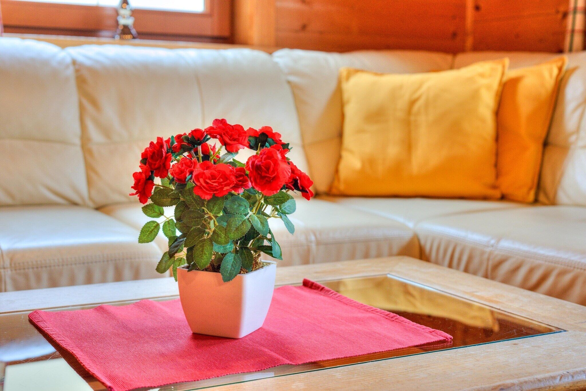 Un canapé blanc avec des coussins jaunes, une table basse en verre avec un set de table rouge et une plante en pot ornée de fleurs rouges.