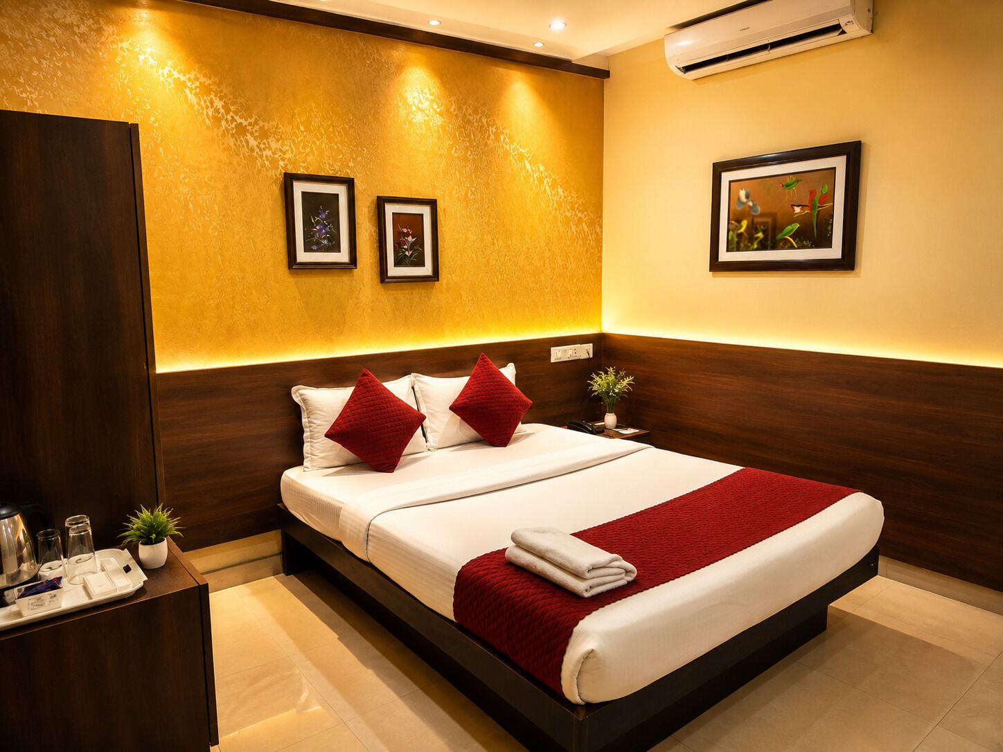 A hotel room with a large bed, a bedside table with a plant, and a wall-mounted air conditioner.
