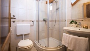 Un baño moderno con ducha envuelta en vidrio, inodoro y lavamanos con espejo superior.