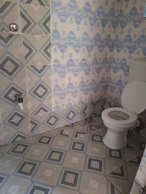 Shower, towels, soap, toilet paper