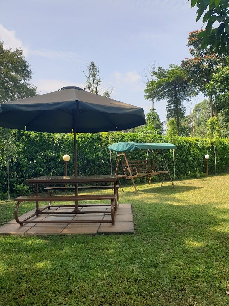 A picnic table with a canopy and a swing set in a grassy outdoor area.