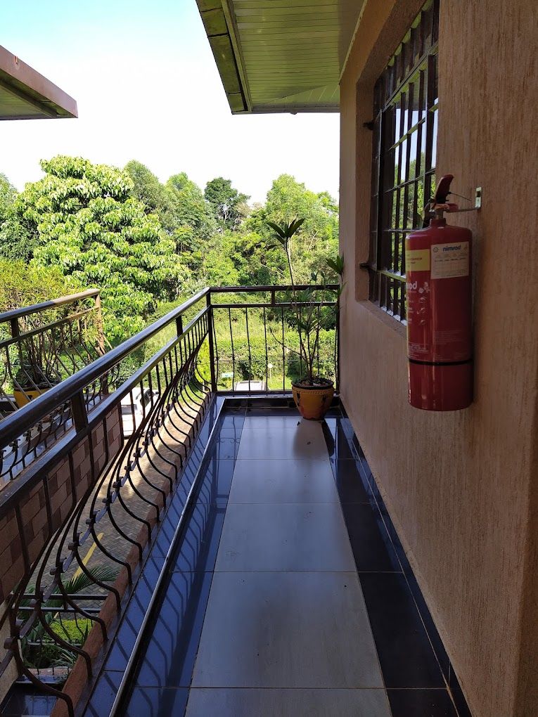A balcony with a metal railing, a fire extinguisher mounted on the wall, and a potted plant.