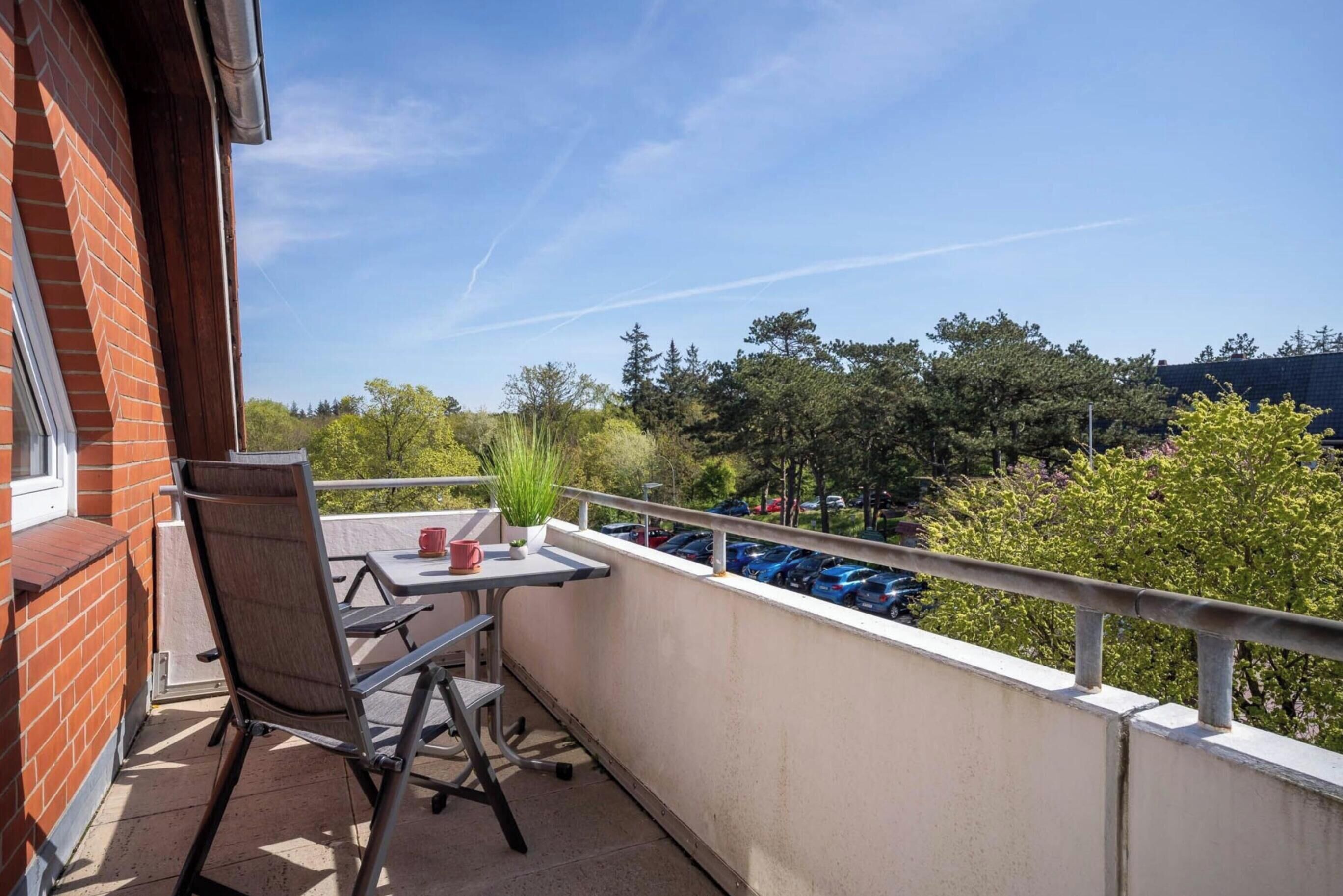 Ein Balkon mit Tisch und Stühlen, einem Blumentopf und Blick auf geparkte Autos und Bäume.