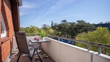 Ein Balkon mit Tisch und Stühlen, einem Blumentopf und Blick auf geparkte Autos und Bäume.