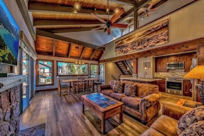 Télévision, cheminée, espaces bureaux