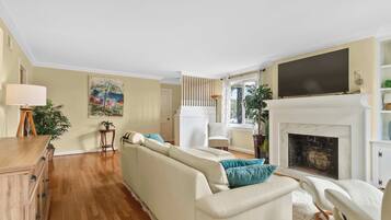 Télévision, cheminée, espaces bureaux