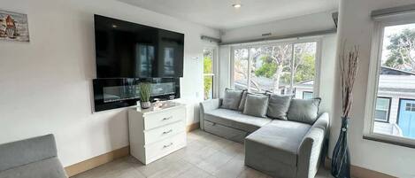 Télévision, cheminée, espaces bureaux