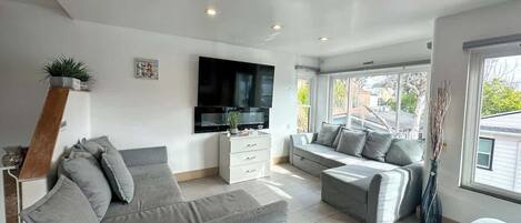 Televisión, chimenea y oficina