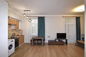 Appartamento Basic, balcone, vista parco | Area soggiorno | TV a schermo piatto 50 pollici con canali via cavo