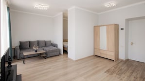 Una sala moderna con un sofá gris, una mesa de centro de madera y un armario grande.