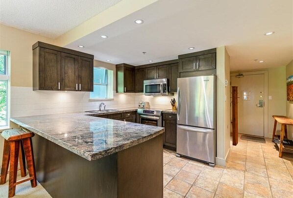 Fridge, microwave, oven, stovetop