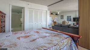 A bedroom with a large bed, a closet, a bathroom, and a living area with a sofa and TV.