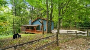 Eine Holzhütte, umgeben von einem Wald, mit einer Holzterrasse und einem eingezäunten Bereich.