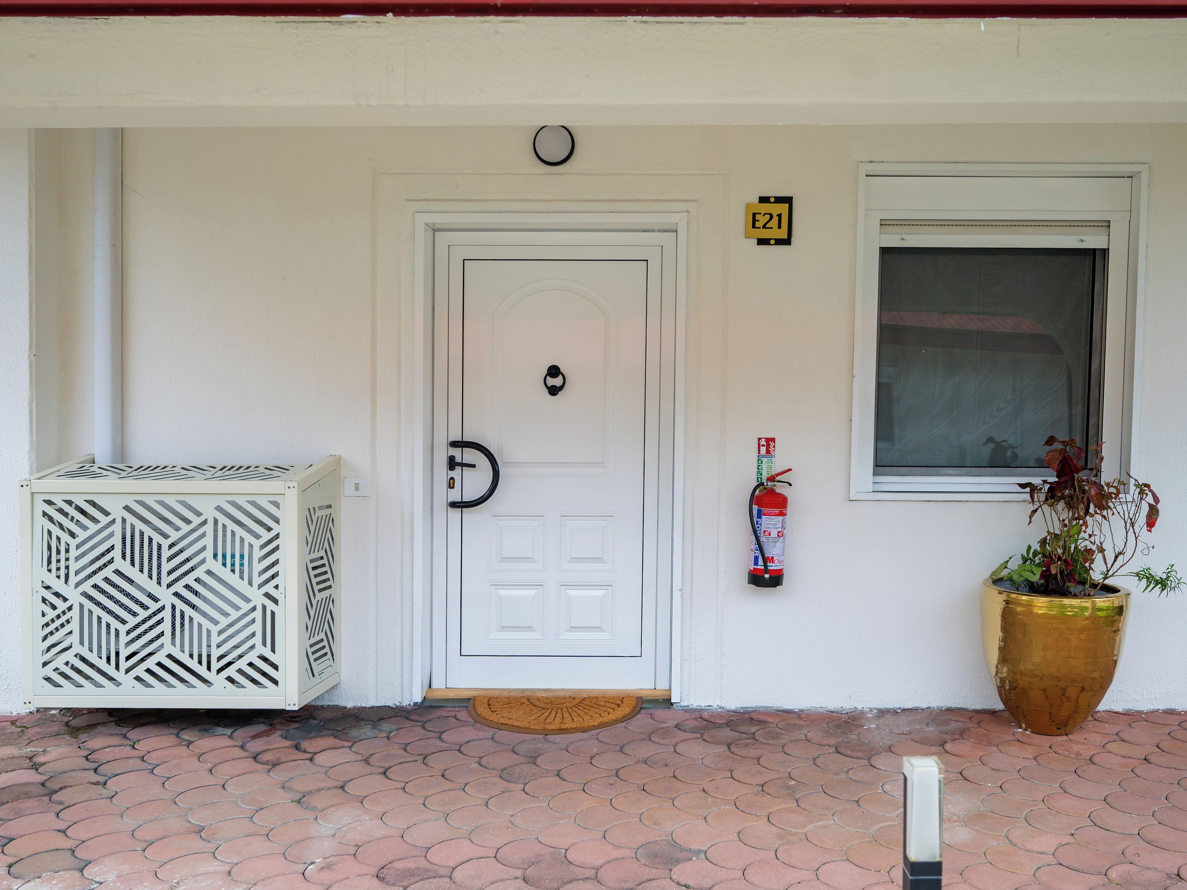 A white door with a black handle, a fire extinguisher mounted on the wall, a potted plant, and a mailbox.