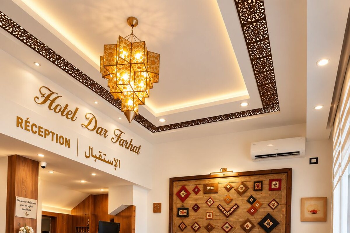 A hotel reception area with a wooden reception desk, a chandelier, a patterned carpet, and a seating area with sofas and tables.