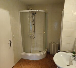 Hair dryer, towels, soap, shampoo