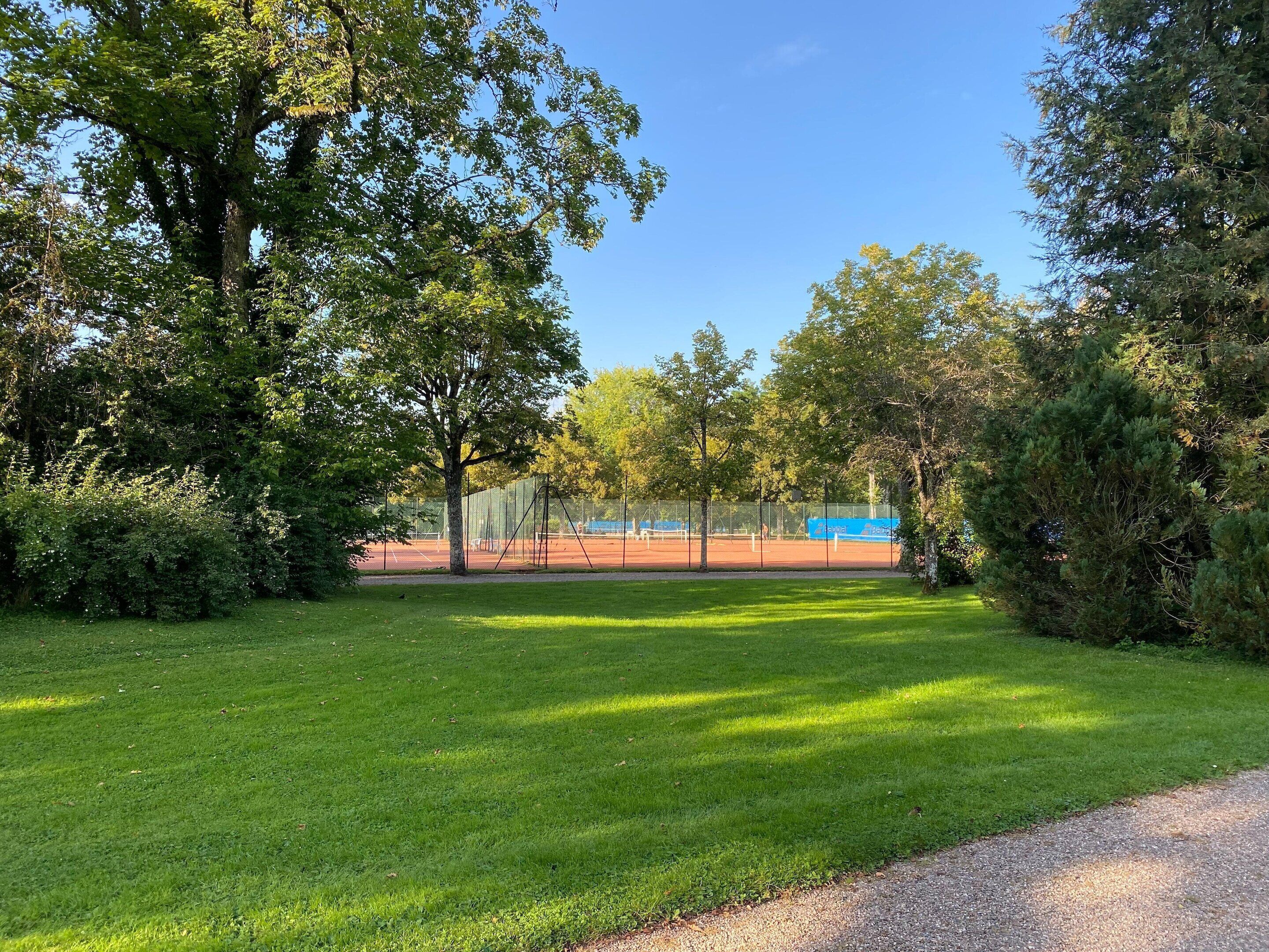 A tennis court surrounded by trees and grass.