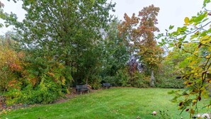 A grassy outdoor area with a bench and trees. - Ferienhaus in Busum, 6 Persons (Büsum)