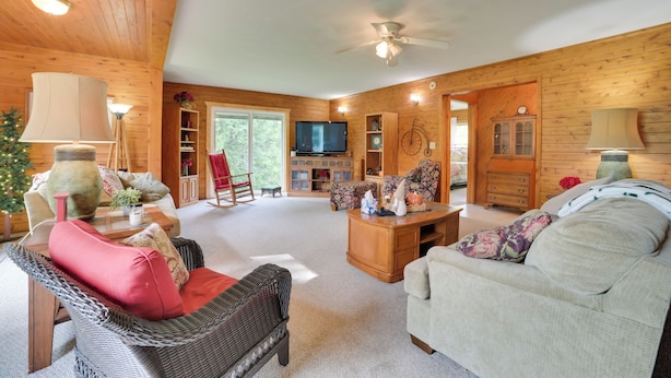 A cozy living room with a fireplace, a television, and a Christmas tree. - Boat & Pet Friendly Home Near Mullett Lake (Indian River)