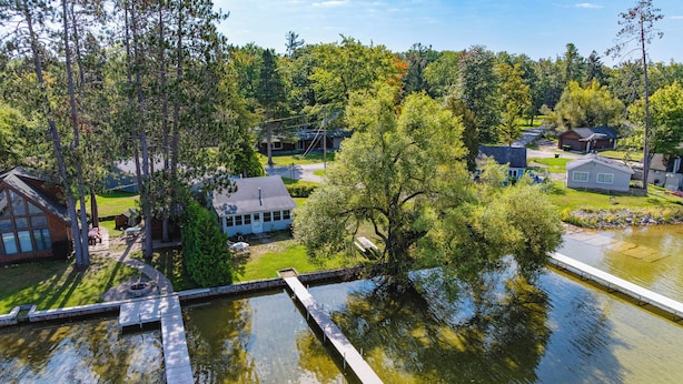 A lakeside property with a dock, a small house, and a large tree. - Waterfront Mullett Lake Cabin: Pets Welcome! (Indian River)