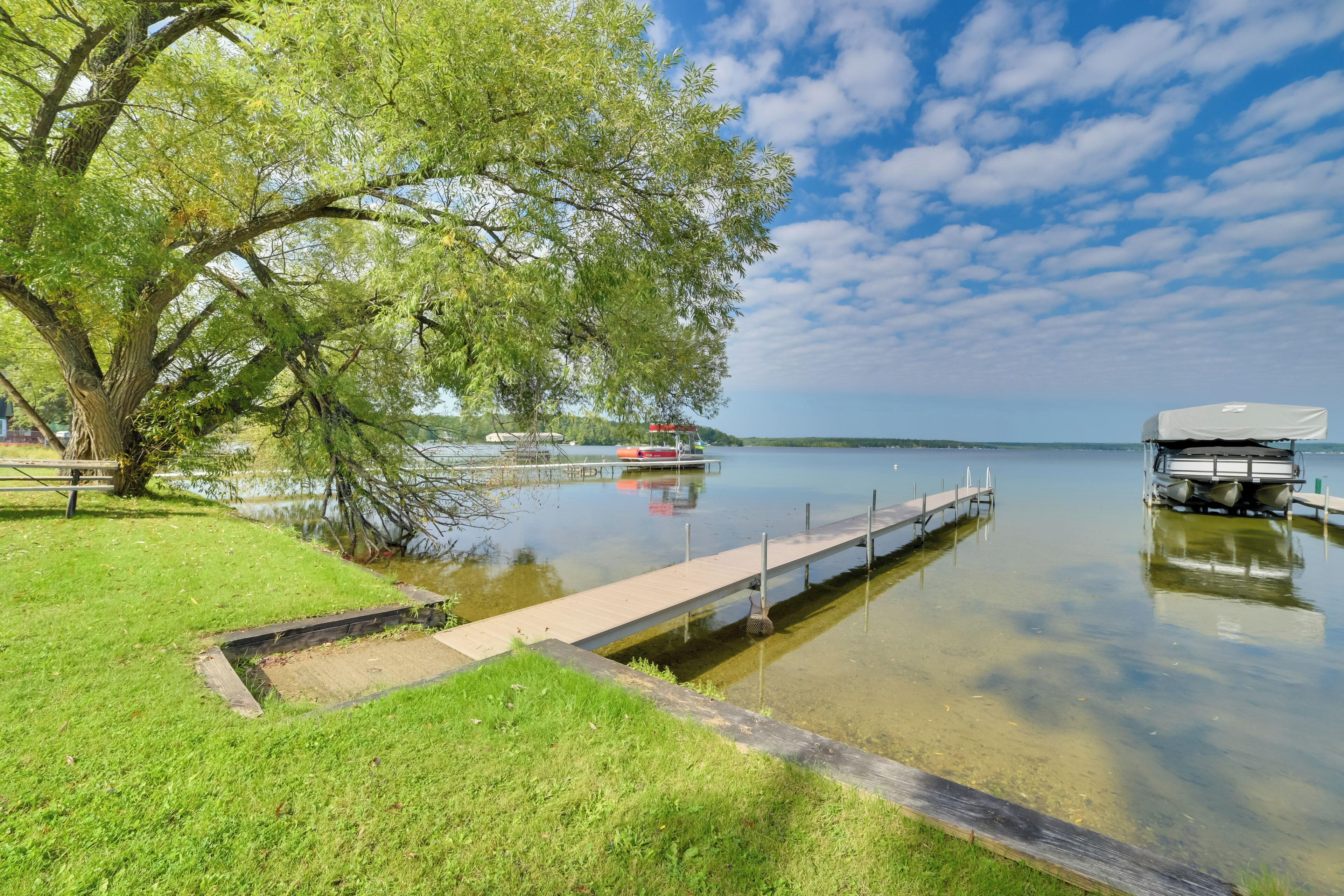 A calm lake with a dock extending into the water, surrounded by grassy areas and a large tree.