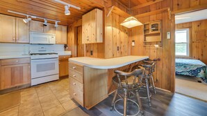 A wooden cabin interior with a kitchen area featuring a stove, microwave, and bar stools. - Waterfront Mullett Lake Cabin: Pets Welcome! (Indian River)