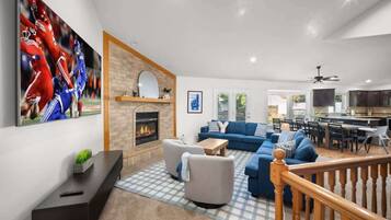 TV, fireplace, offices