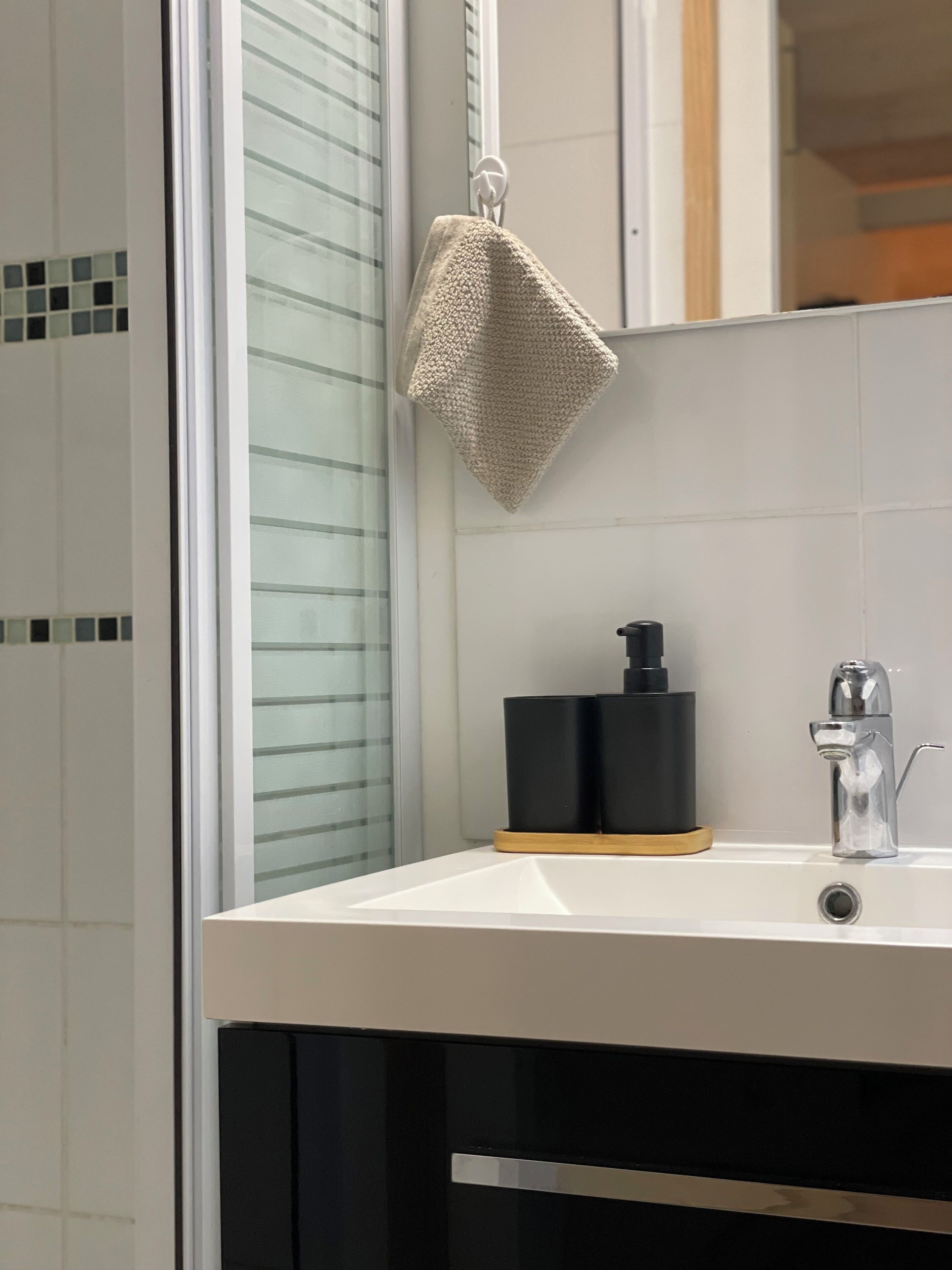 Hair dryer, towels, soap, toilet paper