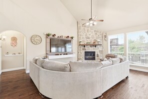 TV, fireplace, video games, offices