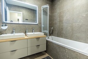 Hair dryer, towels, soap, shampoo