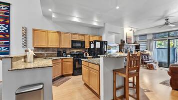 Microwave, stovetop, dishwasher, coffee/tea maker