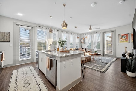 Interior. Dallas 2BR Retreat: Pool, Gym, Games & Home Office
