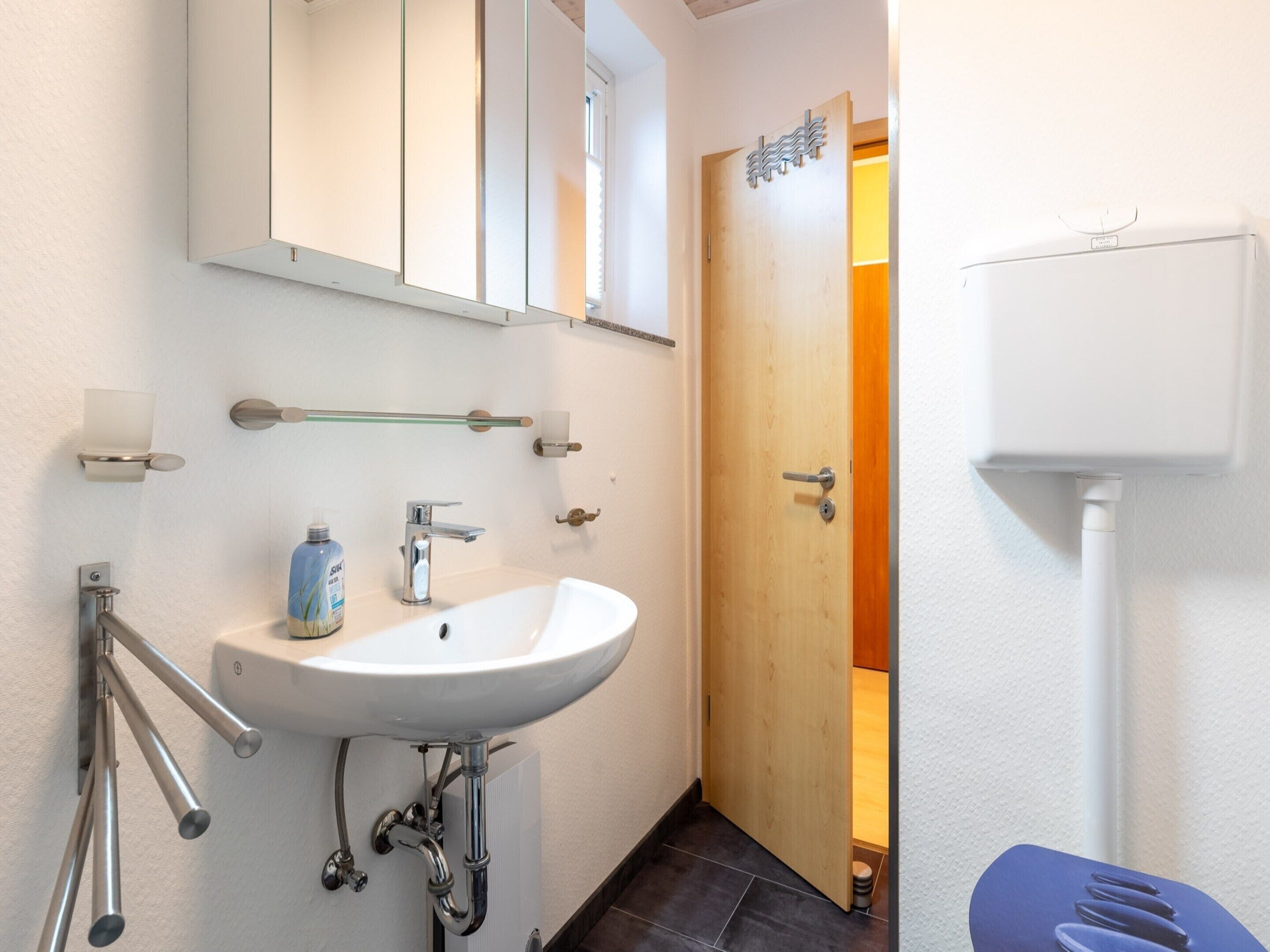 A bathroom with a white sink, a mirror, a towel rack, and a toilet.