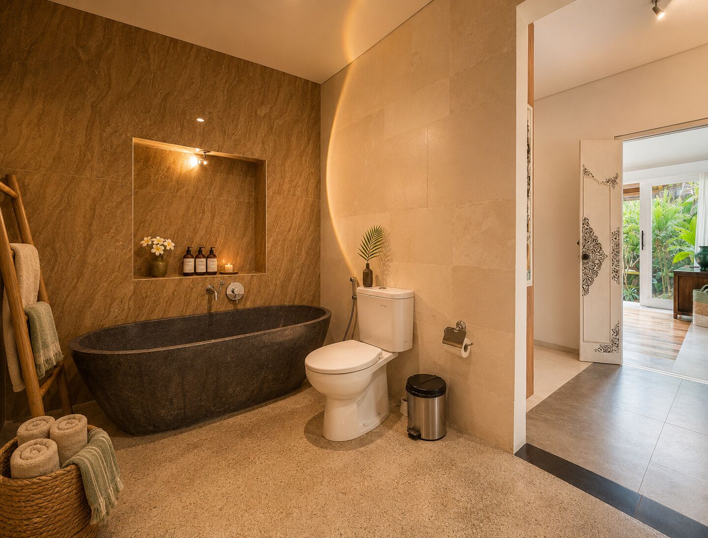 A modern bathroom with a freestanding bathtub, a toilet, and a vanity with a mirror.