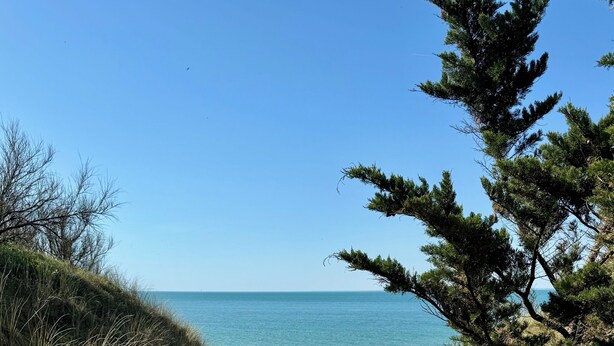 A wooden boardwalk leading to a beach with a clear view of the ocean. - La Maison de Vacances 3 minutes from the ocean (La Flotte)