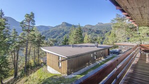 Une cabane en bois avec un toit en métal, entourée d’arbres et de montagnes.