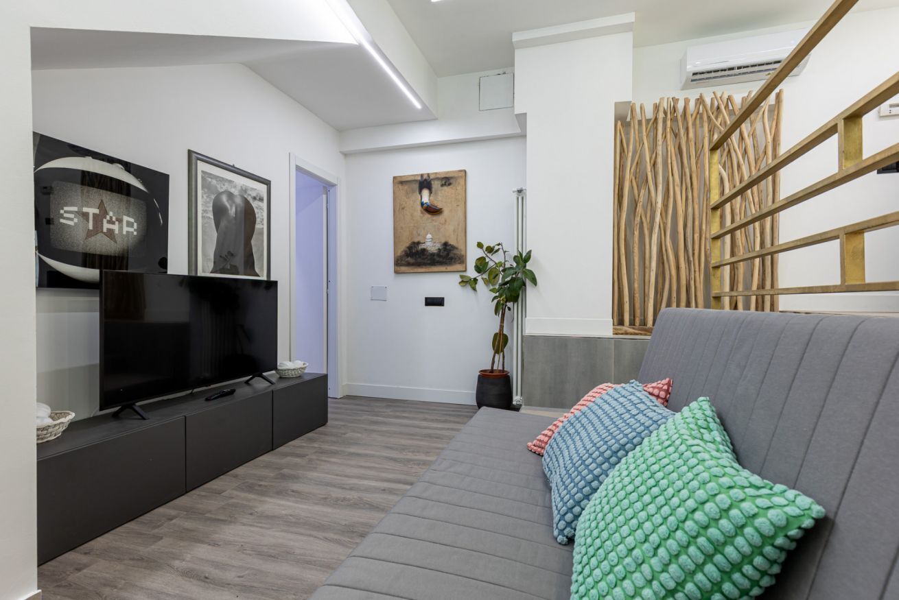 A modern living room with a grey sofa, a flat-screen TV, and a decorative plant.