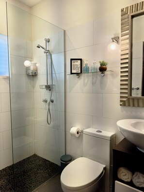 Dusche, Haartrockner, Handtücher, Seife