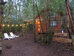 Panorama huisje, terras, uitzicht op tuin | Terras