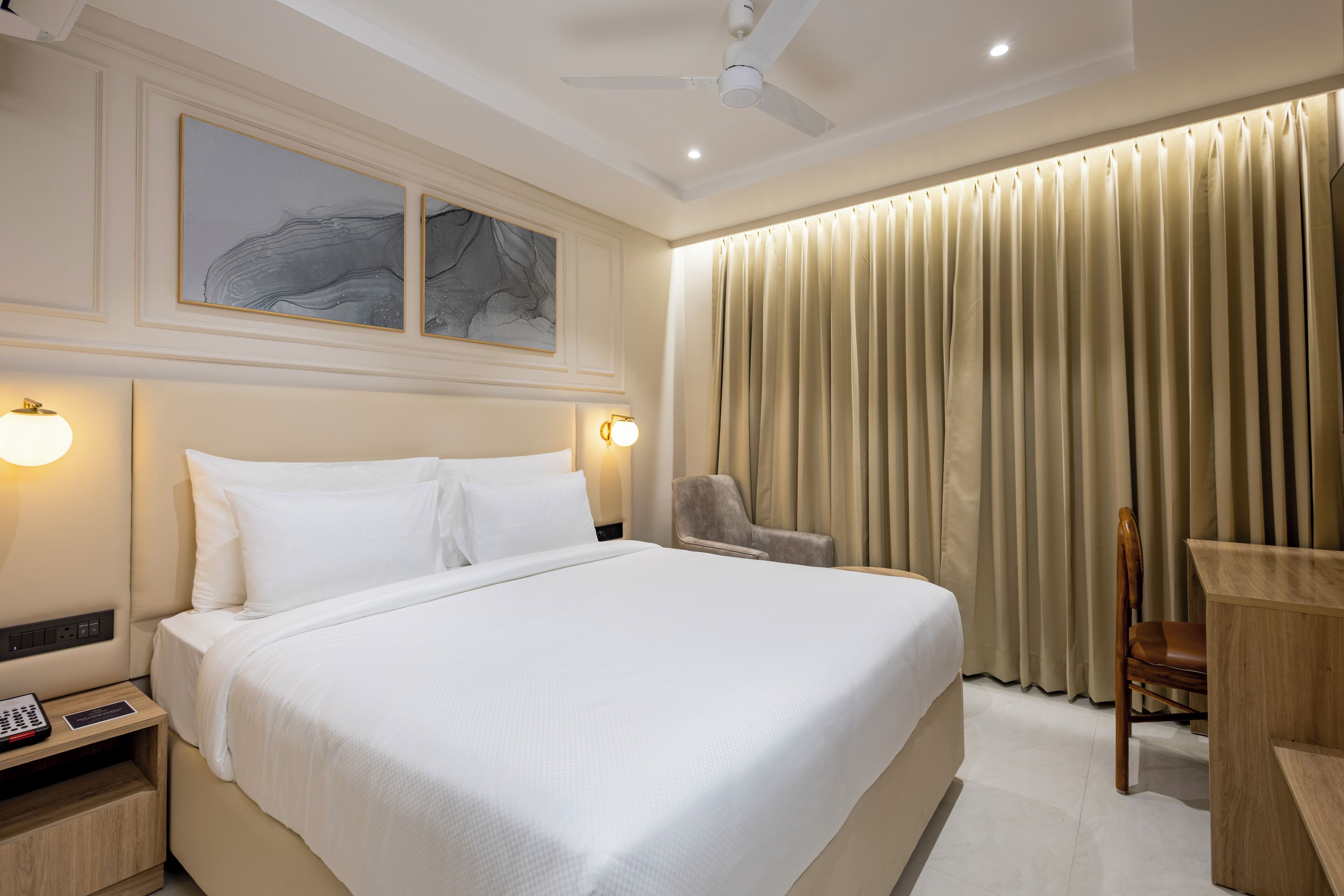 In-room safe, desk, laptop workspace, blackout drapes