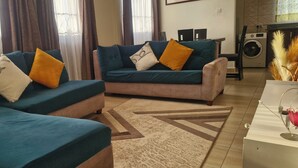 Un salon avec deux canapés, une table basse et un tapis. On aperçoit un lave-linge au fond.