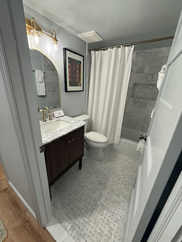 Hair dryer, towels, soap, shampoo