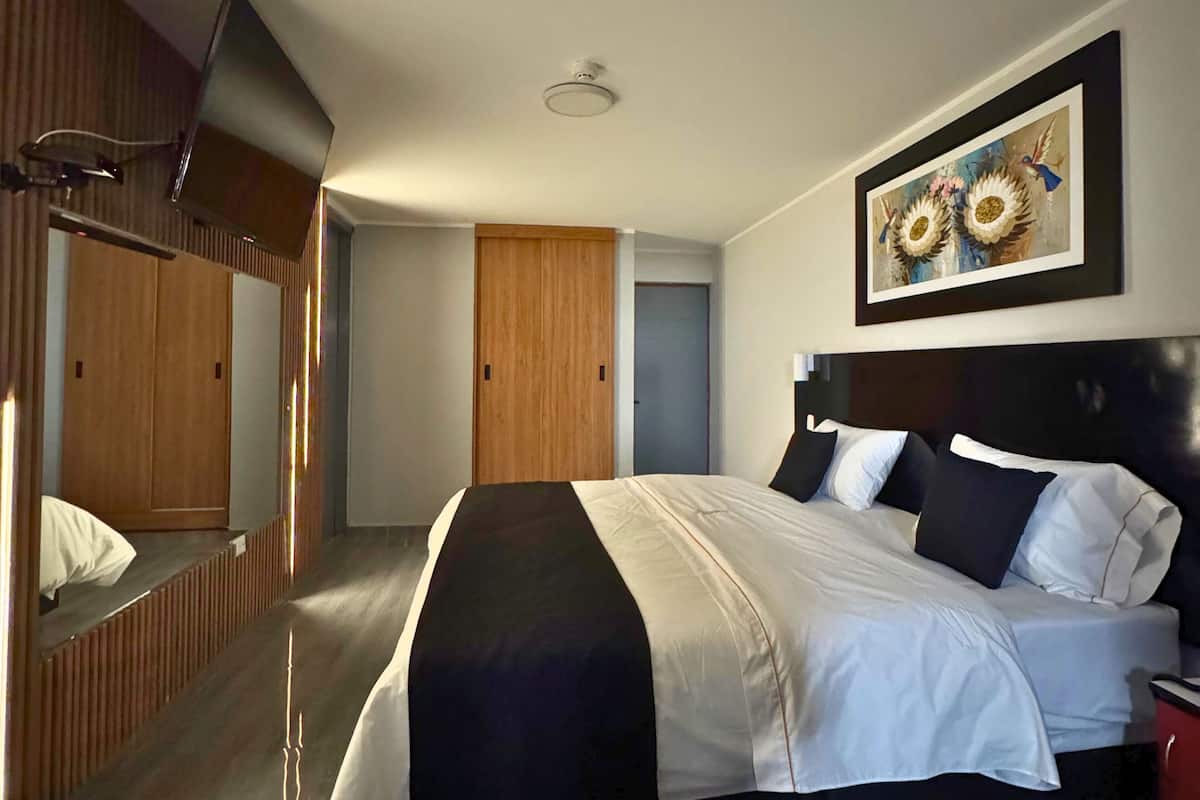 Une chambre d’hôtel moderne avec un grand lit, une armoire en bois, une télévision et une œuvre d’art encadrée au mur.