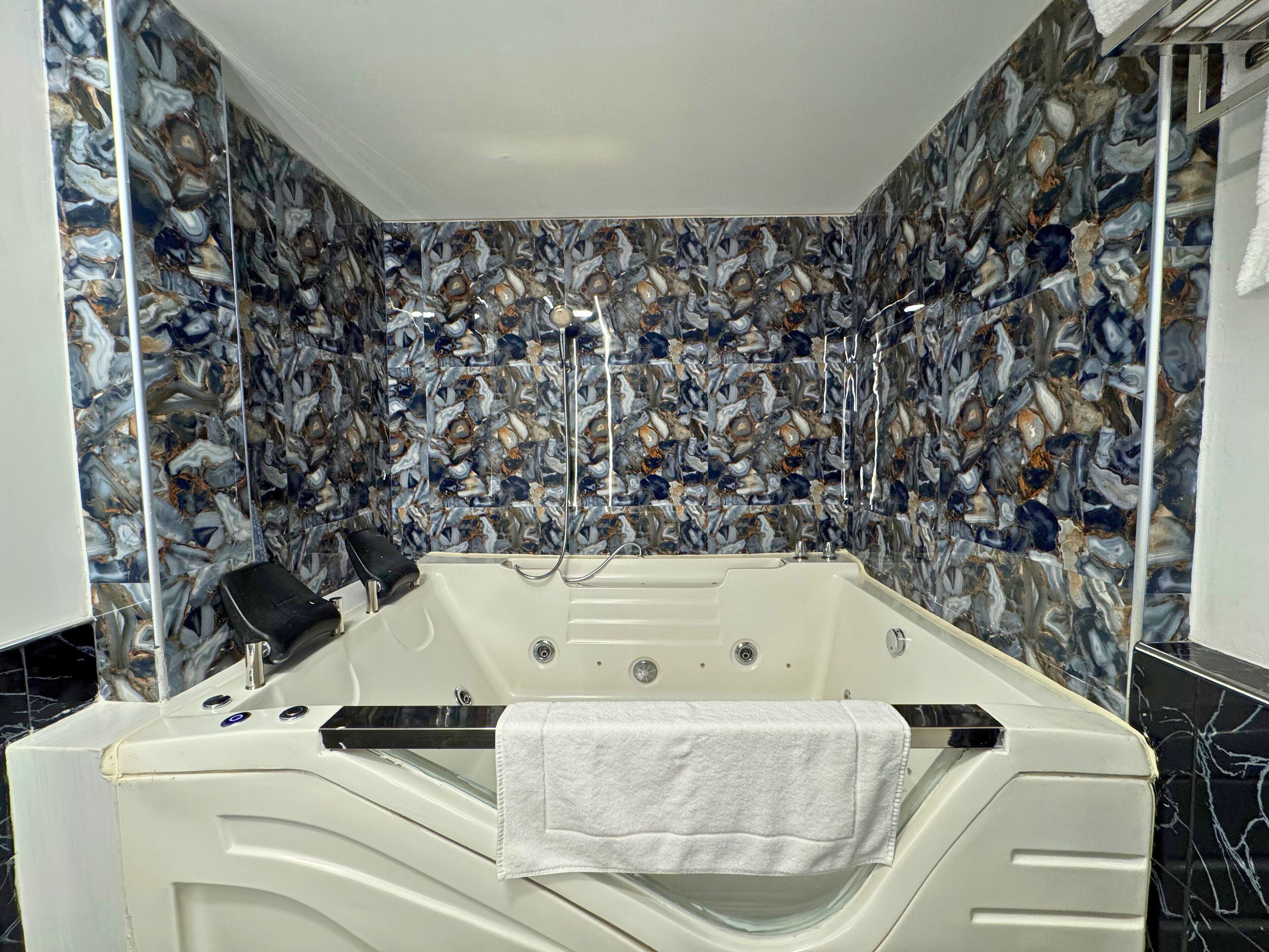 A modern bathroom with a freestanding bathtub, a shower, and a toilet.