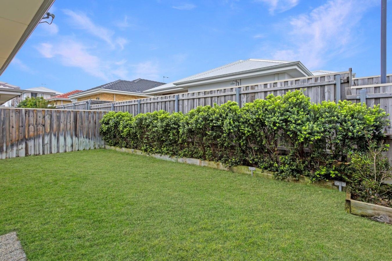 A backyard with a wooden fence, a well-maintained lawn, and a house in the background.